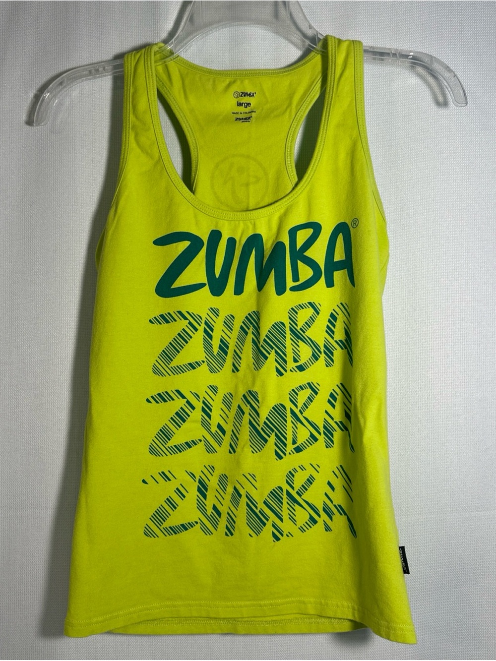 Zumba Fitness Neon Yellow Racerback Tank with Green Logo Print